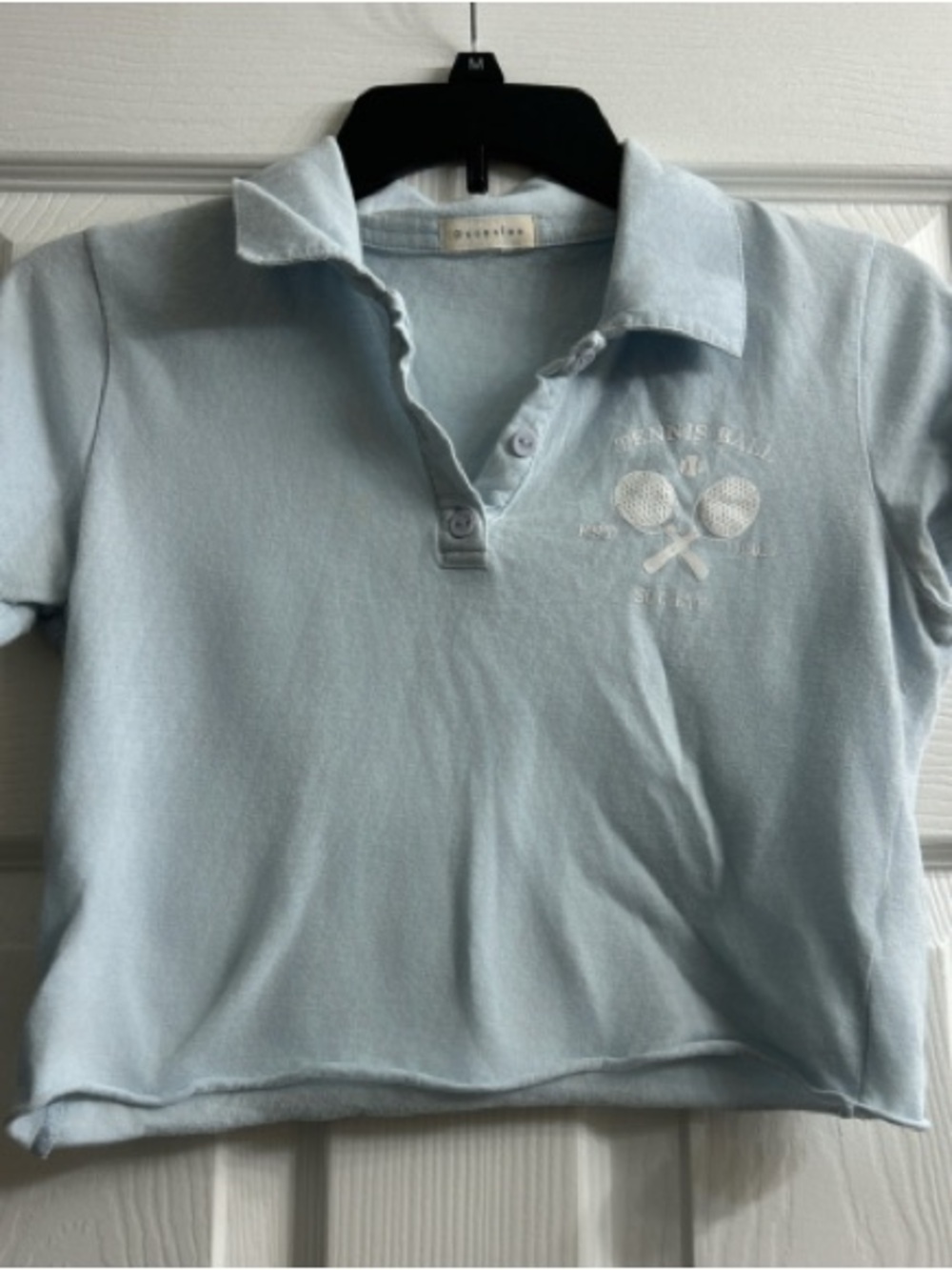 Occasion Pale Blue Cropped Polo Top with Tennis Embroidery